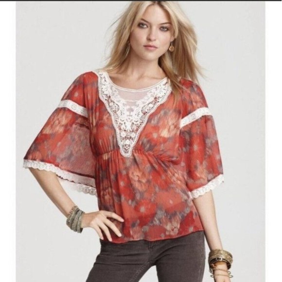 Free People Tops - Free People Womens Daydreamer Lace Boho Sheer Kimono Top Sz XS Red